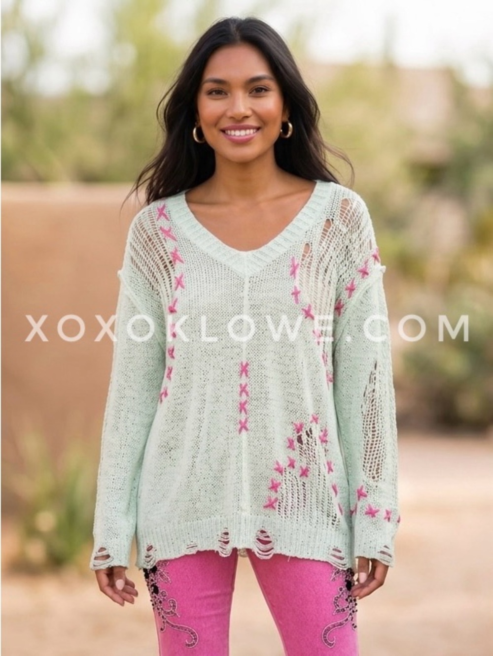 POL Mint Green Open Knit Sweater | Pink Whipstitch Slouchy V Neck Distressed - Picture 3 of 11